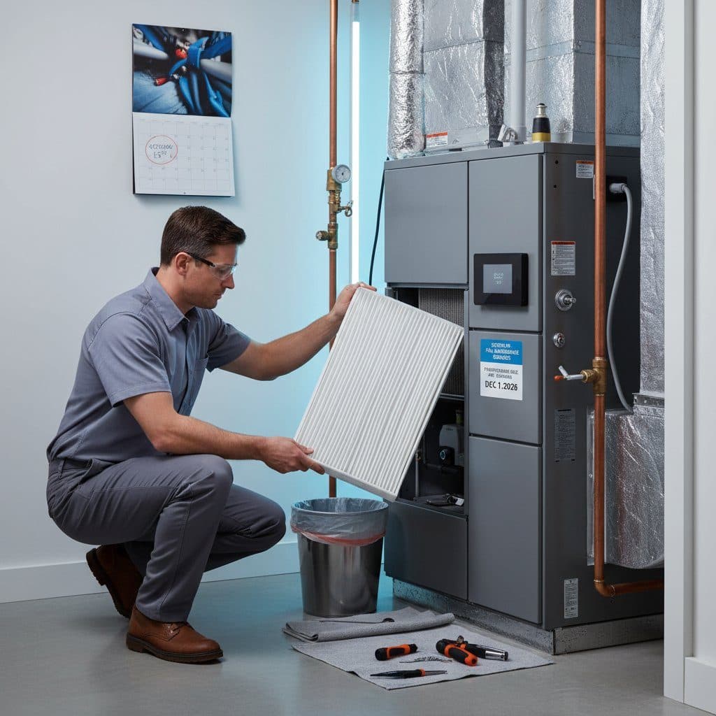 Technician holding a replacement air filter panel in front of an indoor HVAC unit
