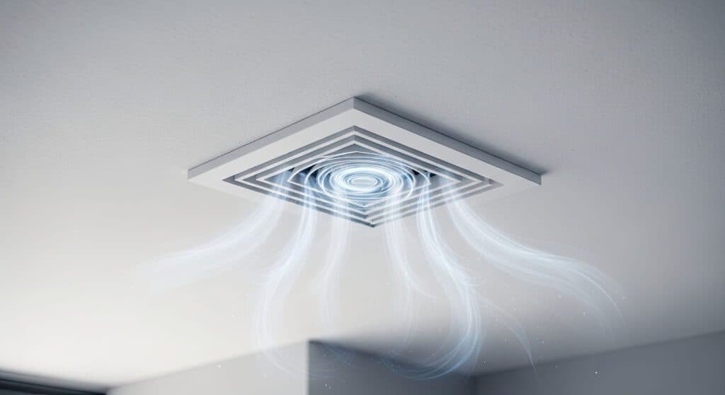 Square ceiling vent with visible streams of conditioned air flowing down into a room