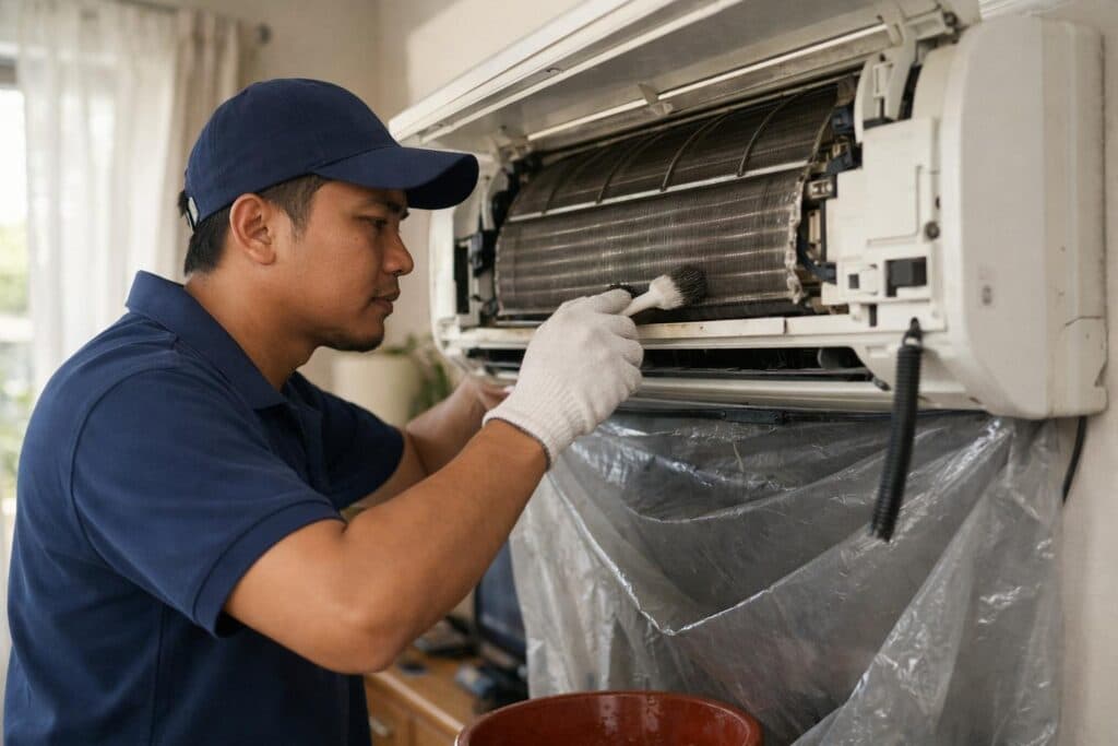 Technician wearing gloves cleaning the exposed coil of a wall-mounted indoor air conditioning unit