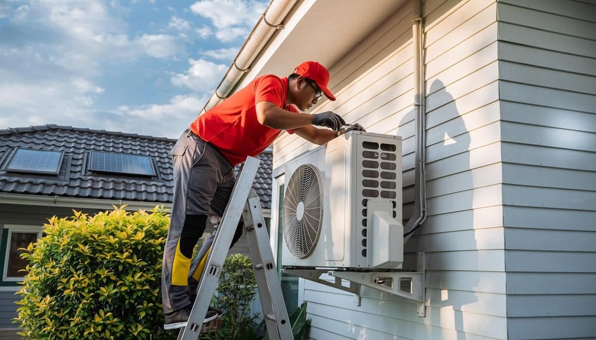 Technician servicing an outdoor air conditioning unit at a Miami home