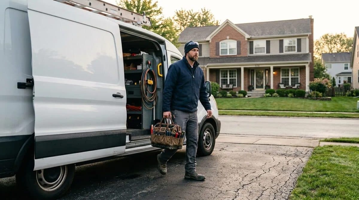 HVAC technician carrying a tool bag walking from a white service van parked outside a home