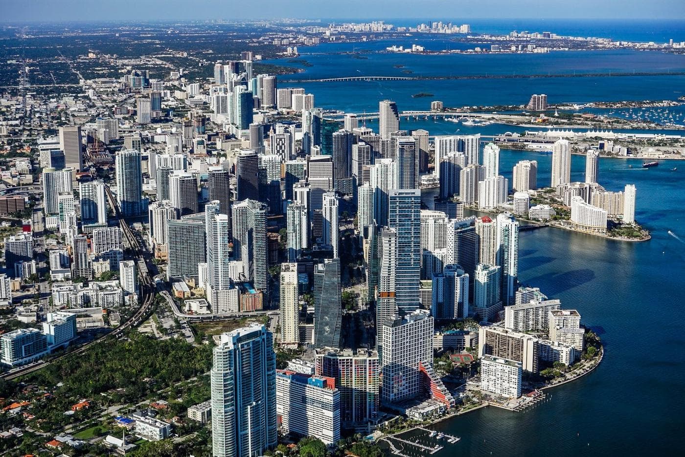 Aerial view of the Miami skyline and the Brickell waterfront along Biscayne Bay