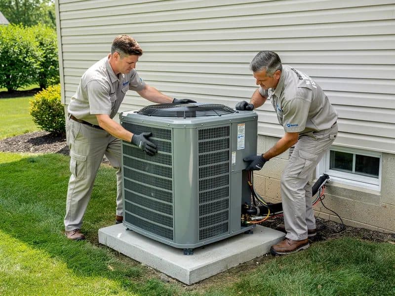Two technicians installing a new outdoor air conditioning unit on a concrete pad beside a Miami home