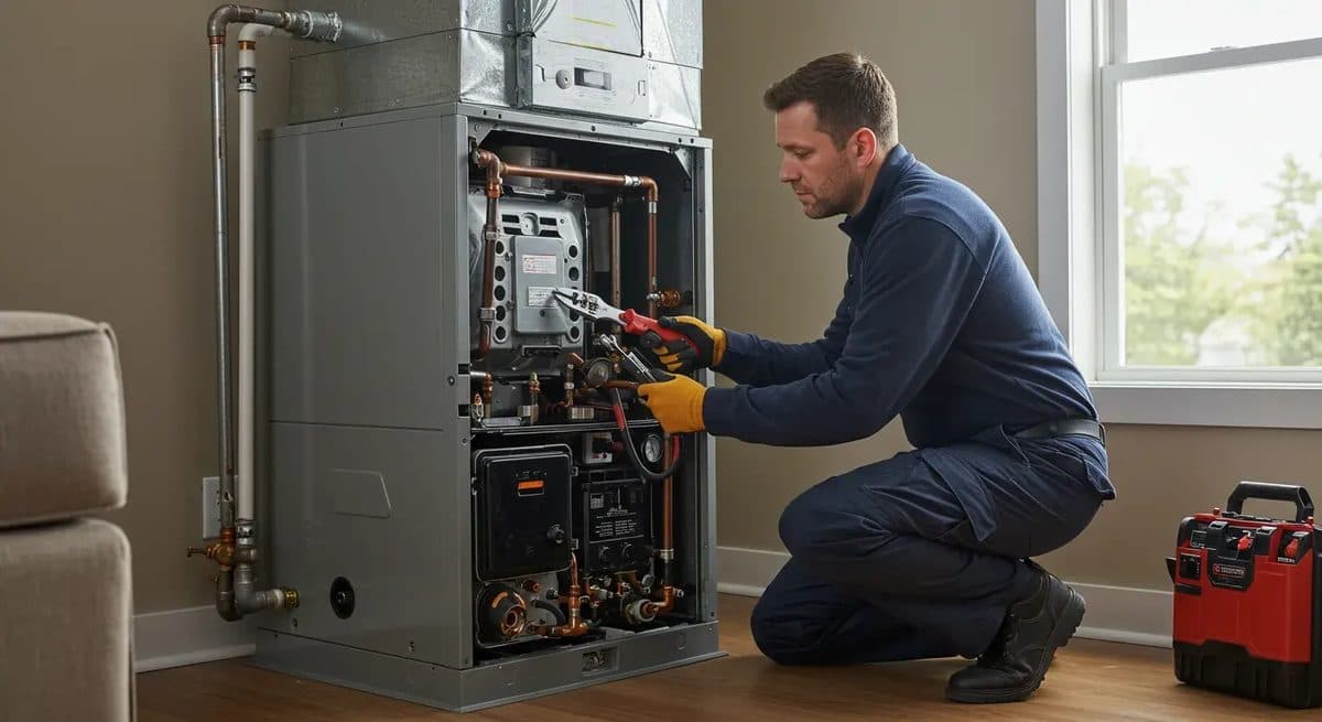 Technician servicing the open cabinet of a residential furnace during a heating repair
